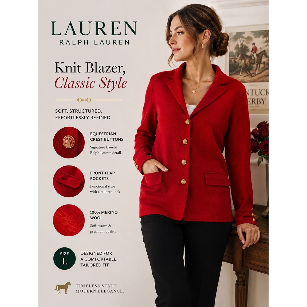 Vintage‎ Lauren Ralph Lauren Knit Blazer Red Merino Wool Equestrian Crest Button